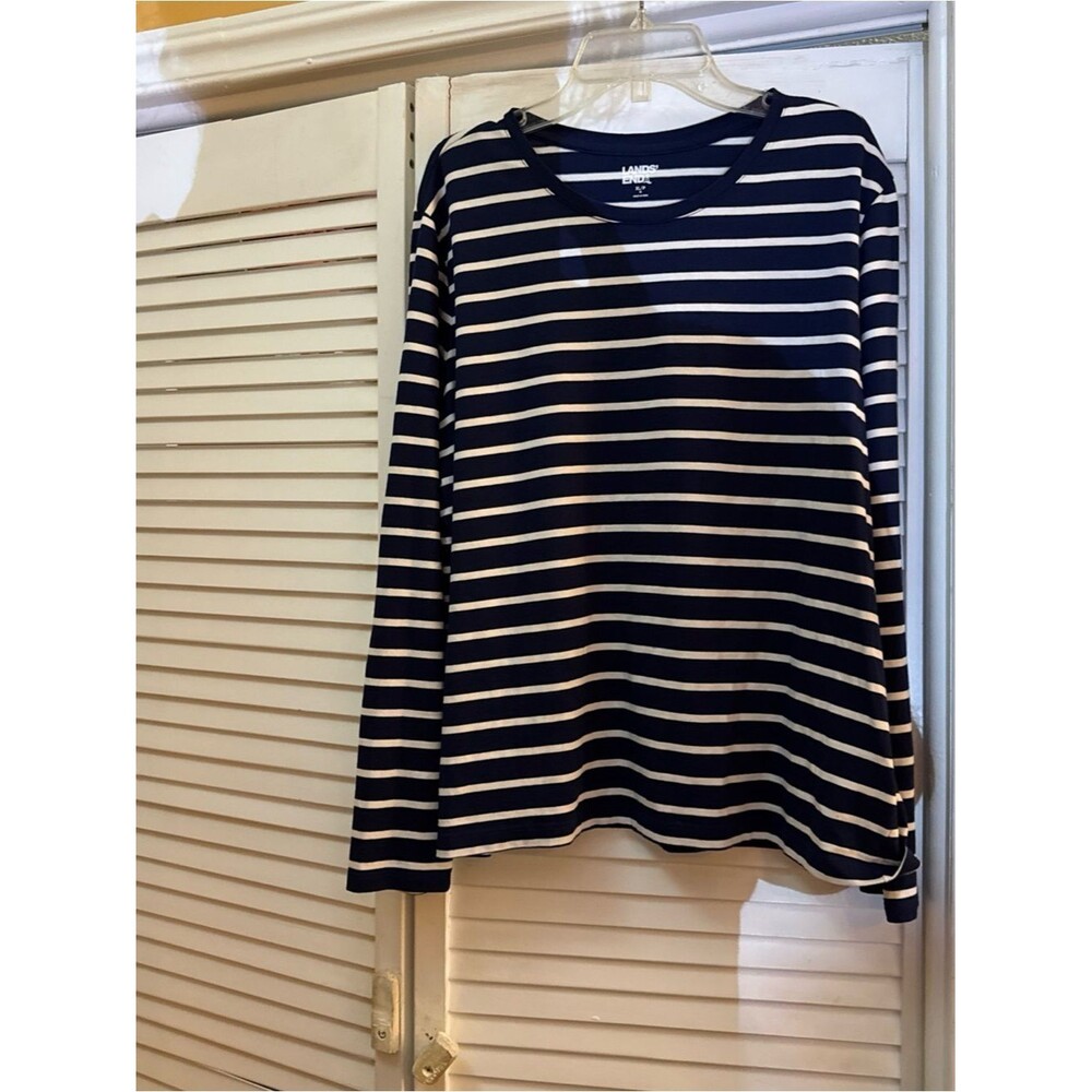 Lands' End Navy and White Striped Long-Sleeve Top